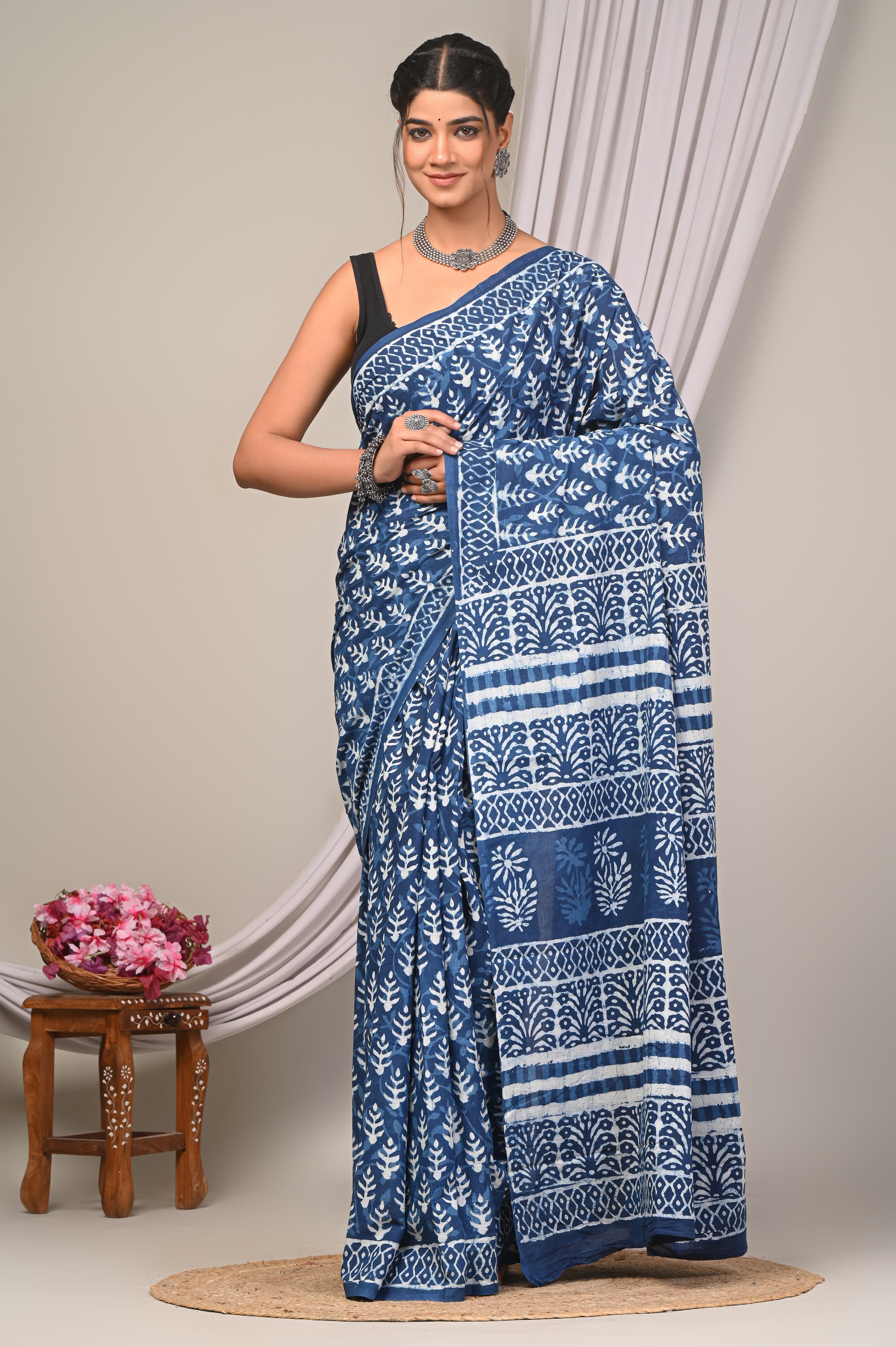 Indigo Dabu Hand Block Printed Cotton Saree With Blouse Piece - BFSGC60