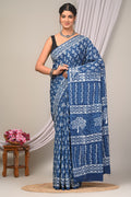 Indigo Blue & White Traditional Block Print Dabu Hand Block Printed Mul Cotton Saree With Blouse Piece