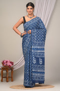 Indigo Blue & White Geometric Motif Bagru Hand Block Printed Mul Cotton Saree With Blouse Piece