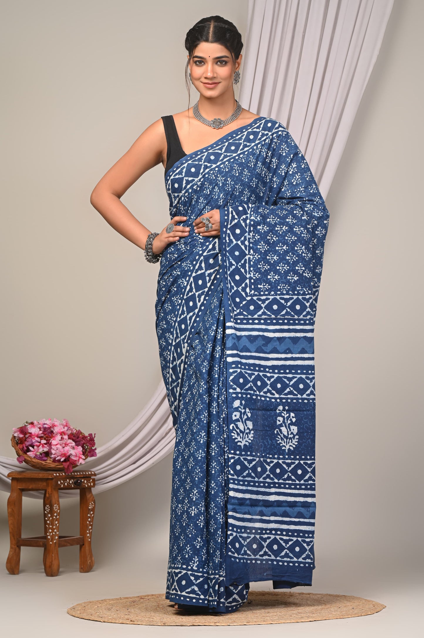 Indigo Dabu Hand Block Printed Cotton Saree With Blouse Piece - BFSGC62