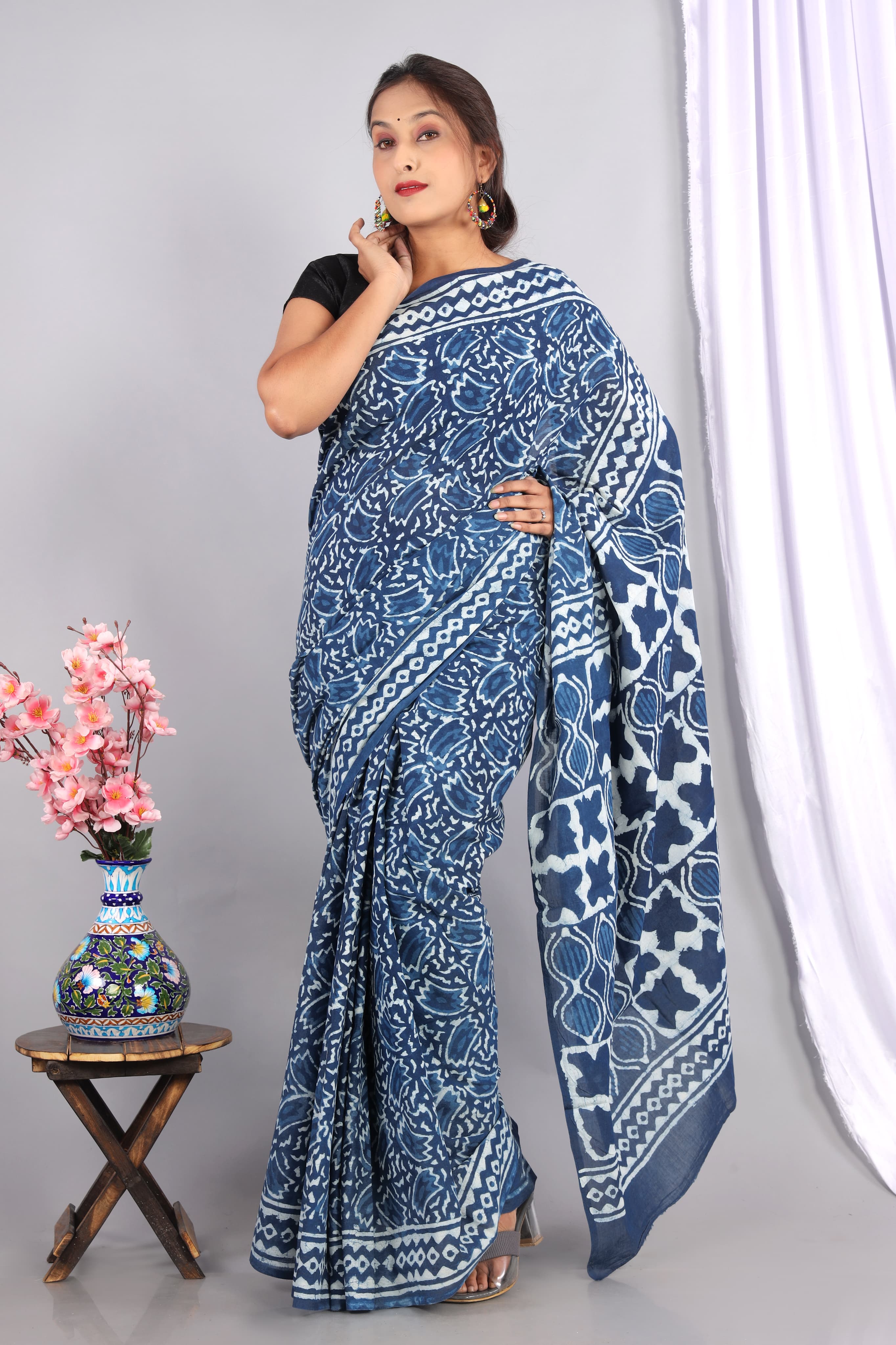 Indigo Dabu Hand Block Printed Cotton Saree With Blouse Piece - BFSGC63