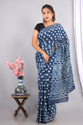 Indigo Blue & White Star And Geometric Motif Bagru Hand Block Printed Mul Cotton Saree With Blouse Piece