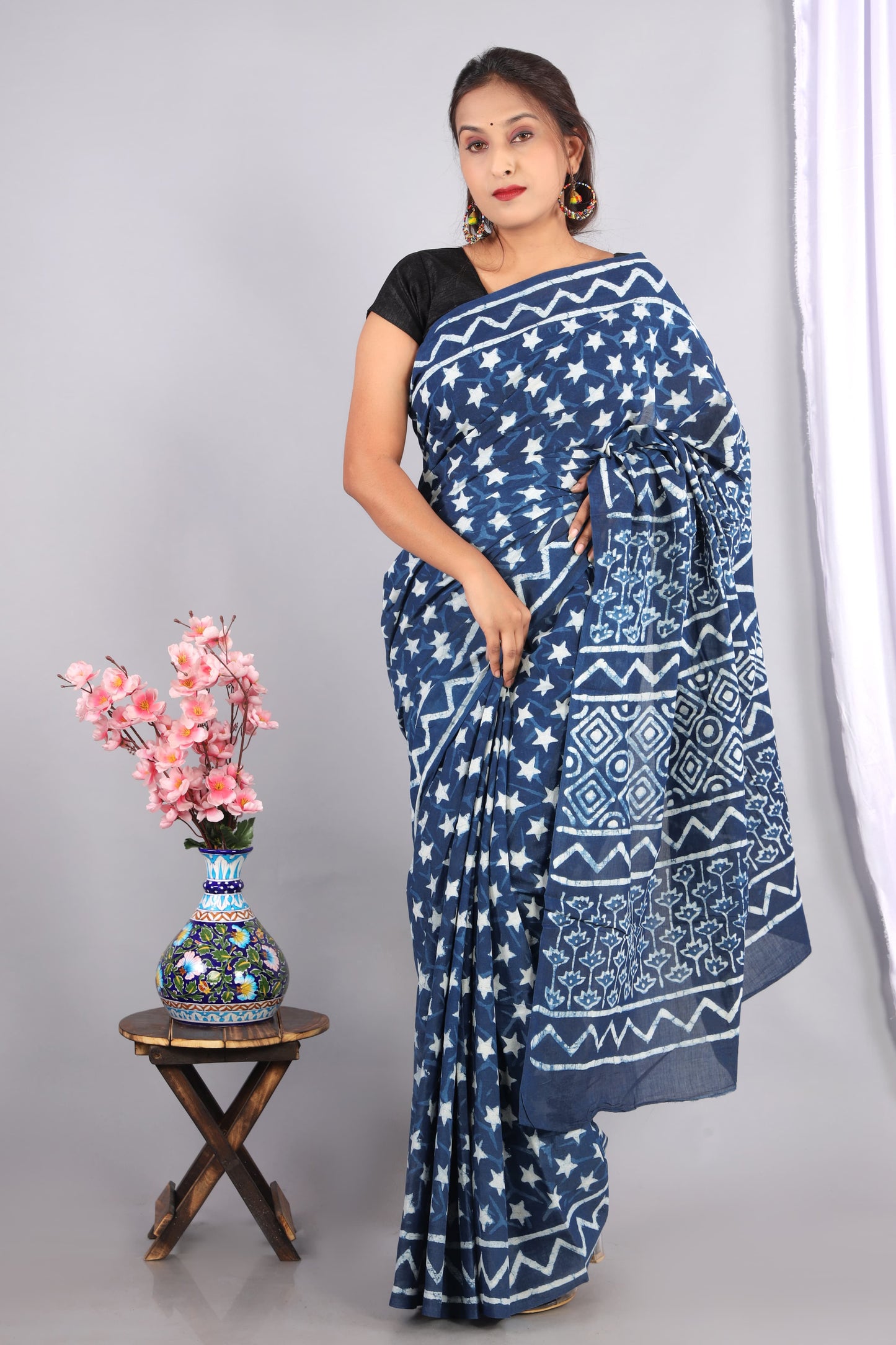 Indigo Dabu Hand Block Printed Cotton Saree With Blouse Piece - BFSGC64