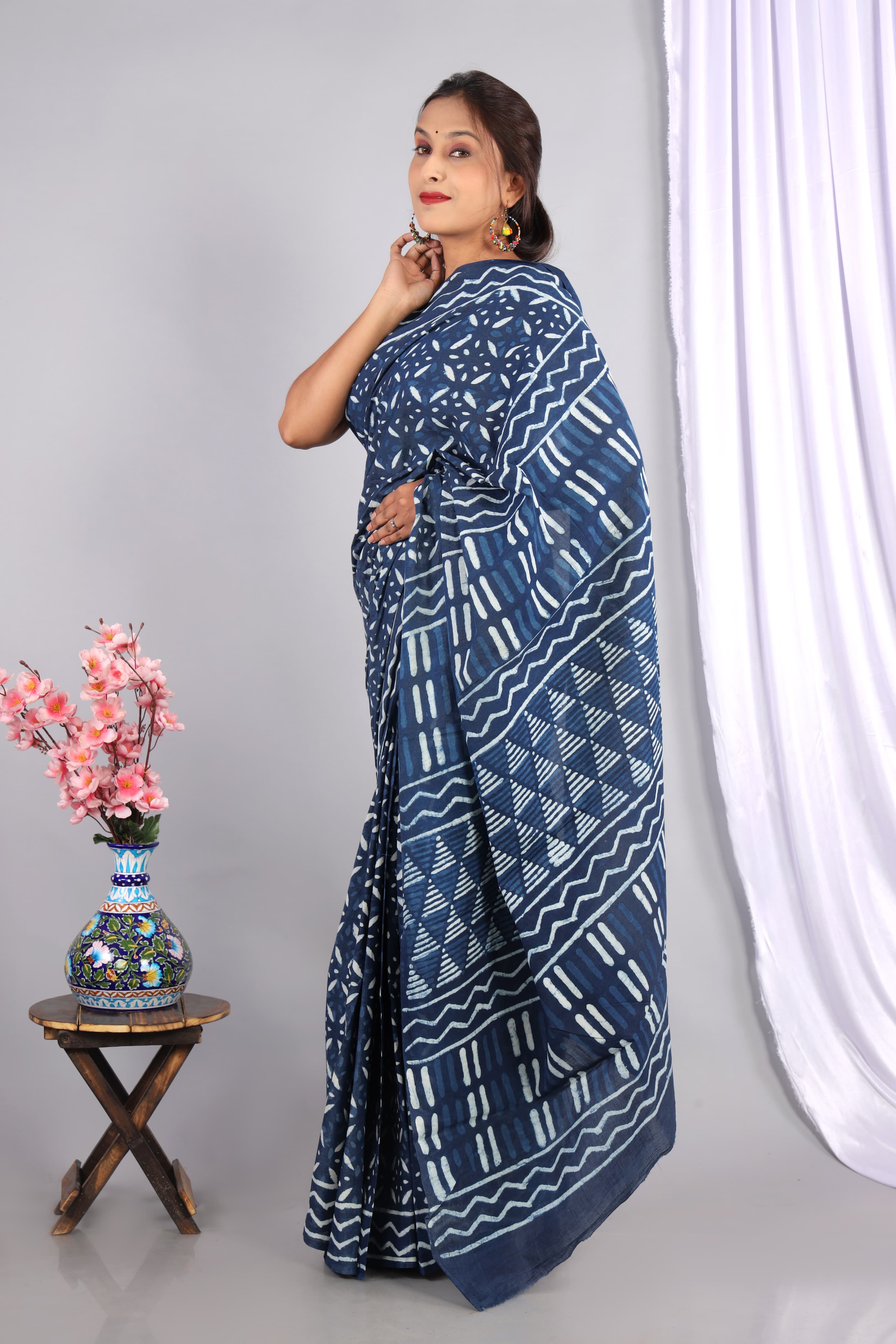 Indigo Dabu Hand Block Printed Cotton Saree With Blouse Piece - BFSGC66