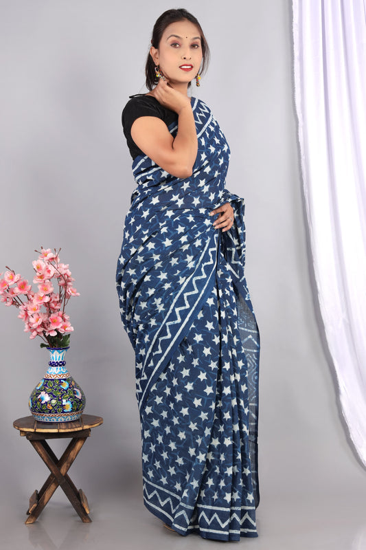 Indigo Dabu Hand Block Printed Cotton Saree With Blouse Piece - BFSGC67