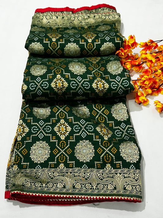 Pure Dolla Silk Jaipuri Rai Bandej Best Quality Saree With Blouse  - BFSLB8