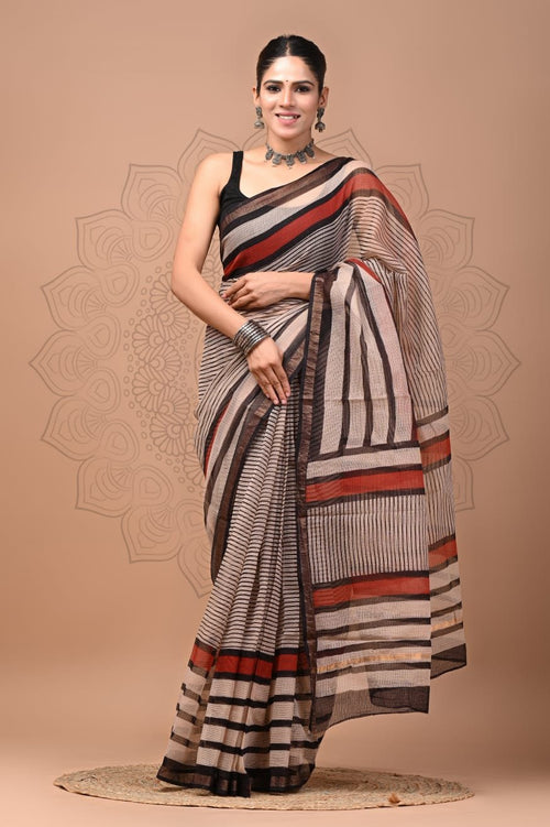 Beige & Black Striped Pattern Bagru Hand Block Printed Kota Doriya Silk Saree With Blouse Piece