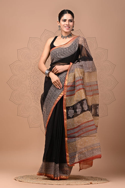 Black & Beige Buti Print Bagru Hand Block Printed Kota Doriya Silk Saree With Blouse Piece