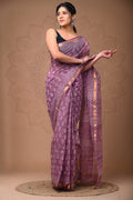 Mauve & White Buti Print Bagru Hand Block Printed Kota Doriya Silk Saree With Blouse Piece
