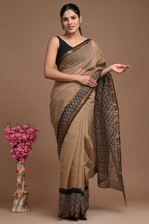 Beige & Black Buti Print Bagru Hand Block Printed Kota Doriya Silk Saree With Blouse Piece