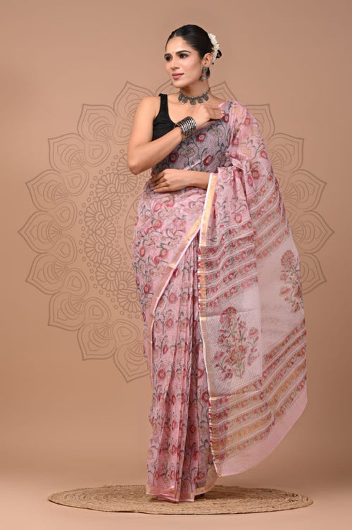 Baby Pink & Maroon Floral Buti Bagru Hand Block Printed Kota Doriya Silk Saree With Blouse Piece