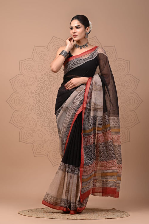 Black & Beige Geometric Motif Bagru Hand Block Printed Kota Doriya Silk Saree With Blouse Piece