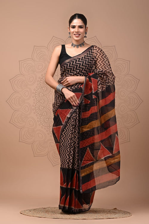 Black & Maroon Geometric Chevron Bagru Hand Block Printed Kota Doriya Silk Saree With Blouse Piece