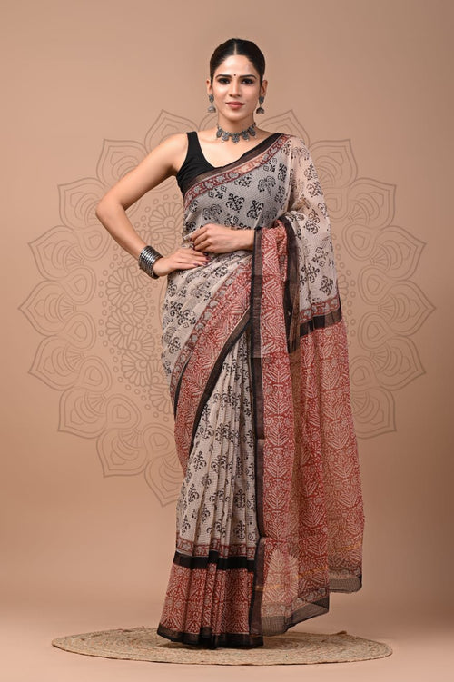 Beige & Maroon Floral Buti Bagru Hand Block Printed Kota Doriya Silk Saree With Blouse Piece