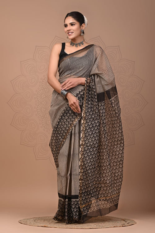 Black & Beige Buti Print Bagru Hand Block Printed Kota Doriya Silk Saree With Blouse Piece