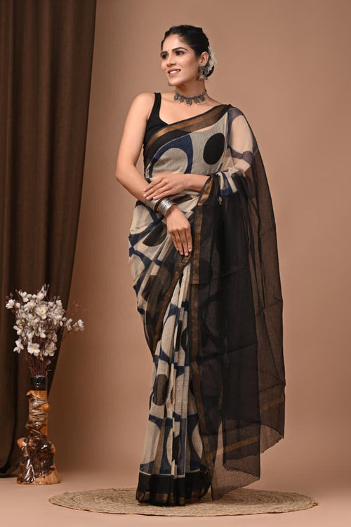 Black & Beige Geometric Circle Bagru Hand Block Printed Kota Doriya Silk Saree With Blouse Piece