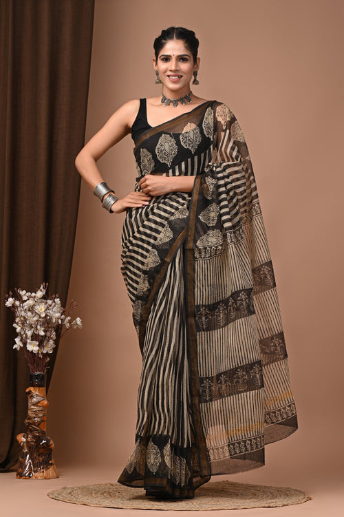 Black & Beige Leaf Motif Bagru Hand Block Printed Kota Doriya Silk Saree With Blouse Piece