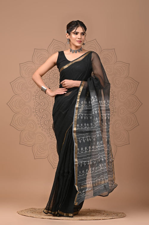 Black & Grey Geometric Motif Bagru Hand Block Printed Kota Doriya Silk Saree With Blouse Piece