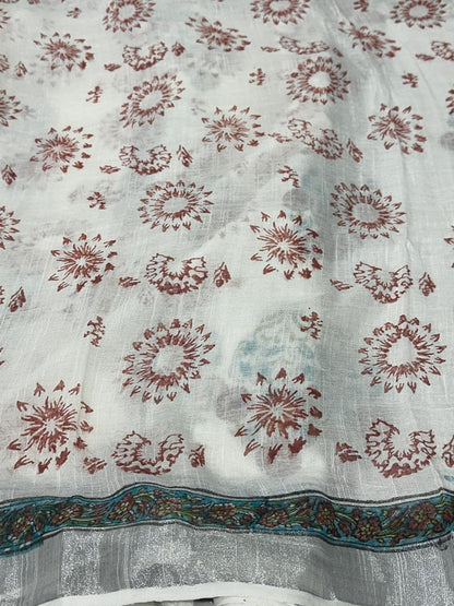 Bagru Hand Block Printed Saree In Linen Cotton With Blouse Piece - BFSGLC77