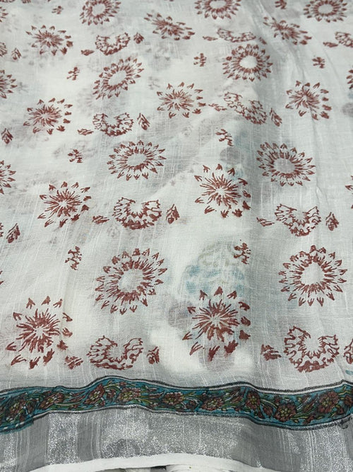 Bagru Hand Block Printed Saree In Linen Cotton With Blouse Piece - BFSGLC77