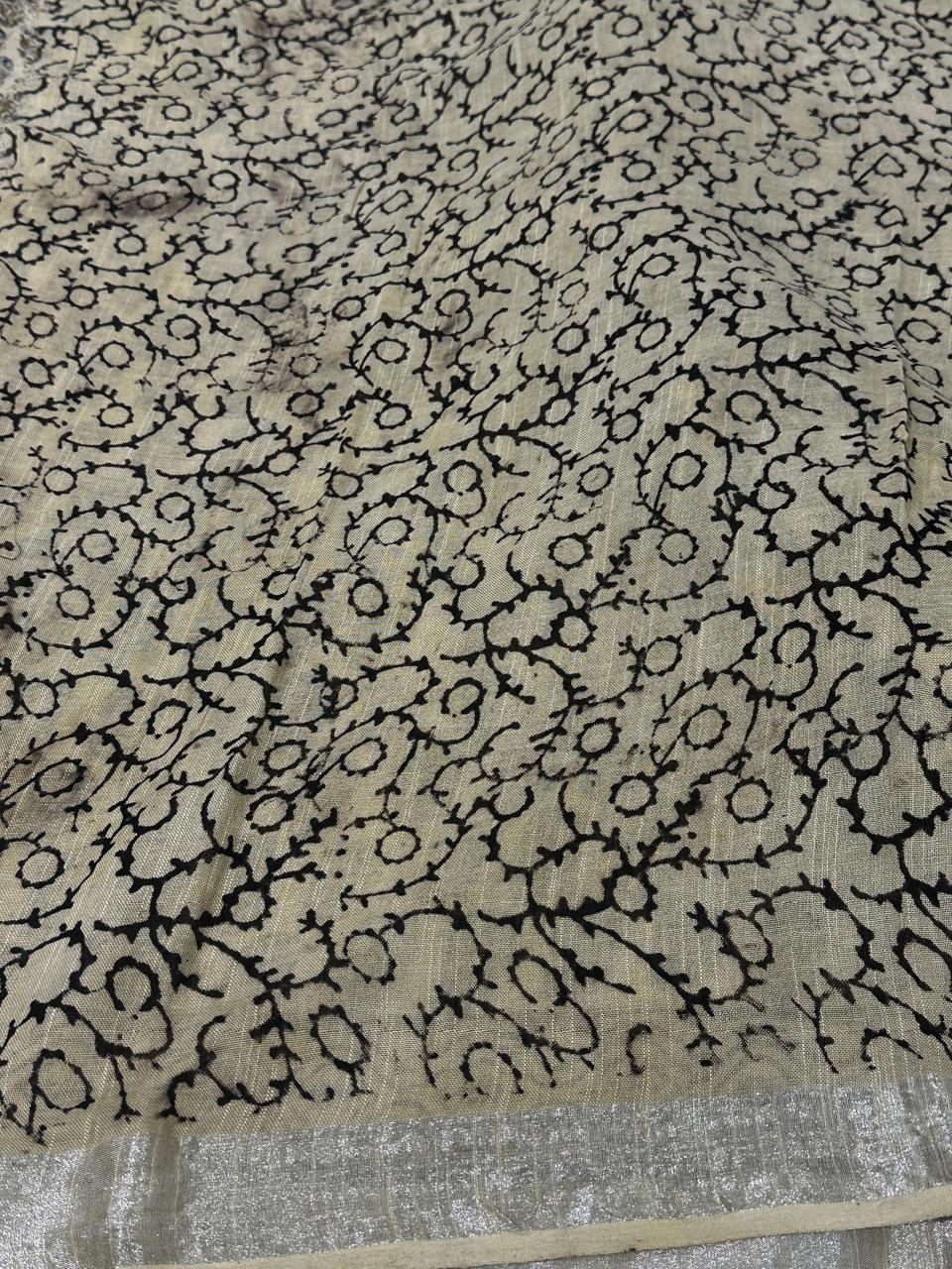 Bagru Hand Block Printed Saree In Linen Cotton With Blouse Piece - BFSGLC83