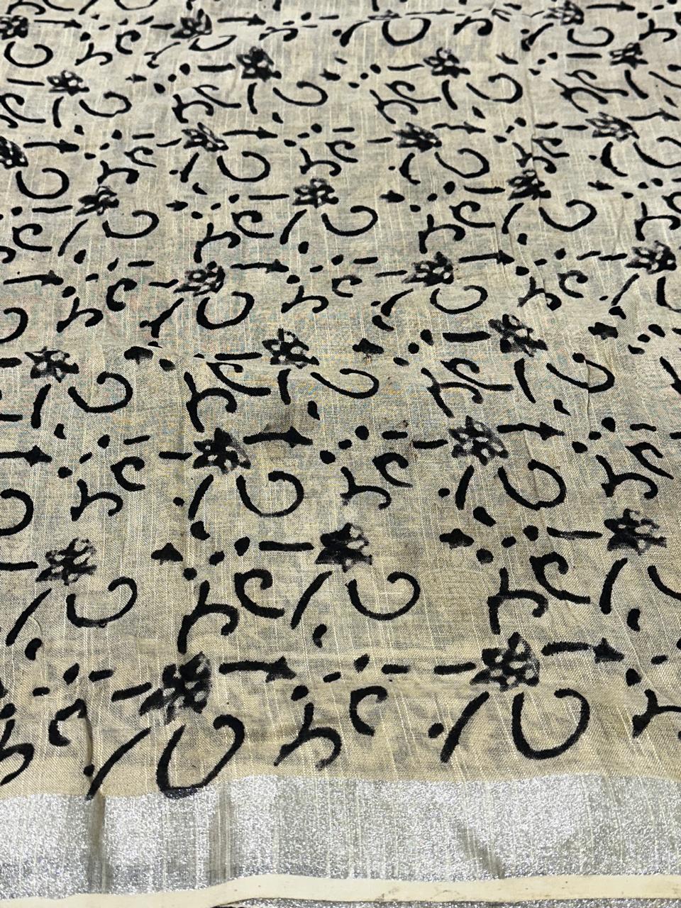 Bagru Hand Block Printed Saree In Linen Cotton With Blouse Piece - BFSGLC85