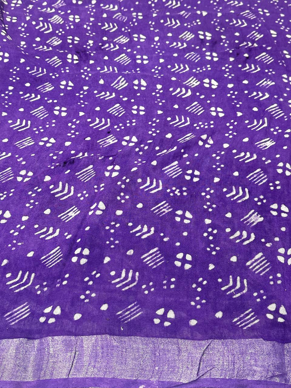 Indigo Hand Block Printed Saree In Linen Cotton With Blouse Piece - BFSGLC86