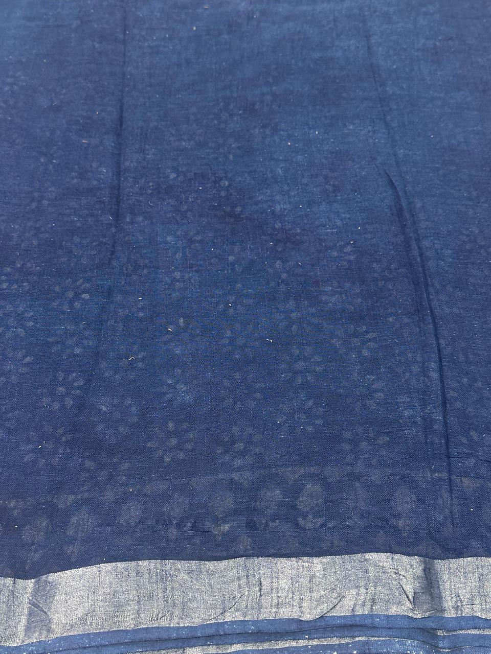 Indigo Hand Block Printed Saree In Linen Cotton With Blouse Piece - BFSGLC87