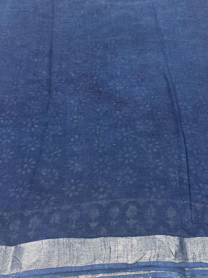 Indigo Hand Block Printed Saree In Linen Cotton With Blouse Piece - BFSGLC87