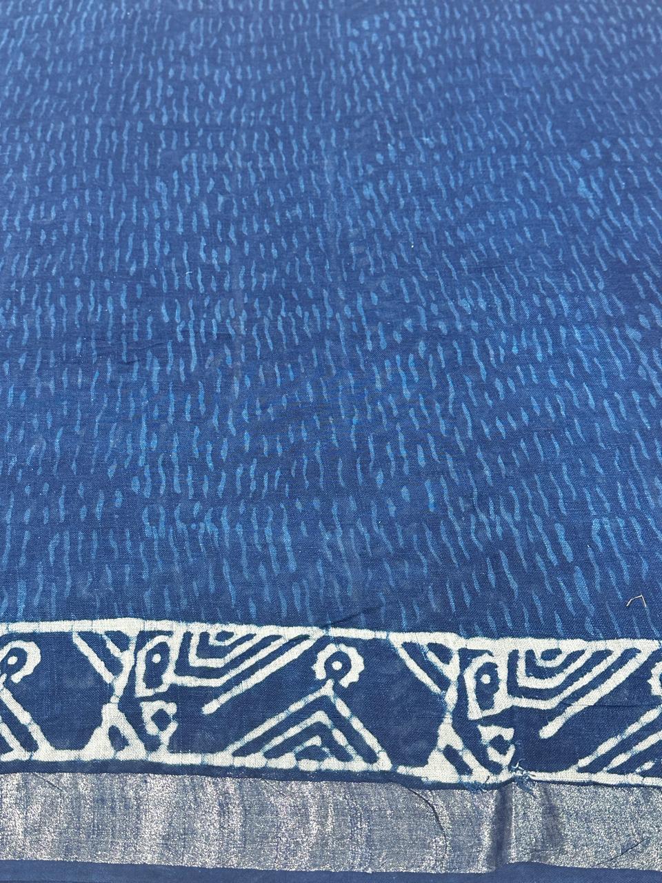 Indigo Hand Block Printed Saree In Linen Cotton With Blouse Piece - BFSGLC88