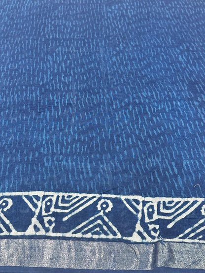 Indigo Hand Block Printed Saree In Linen Cotton With Blouse Piece - BFSGLC88