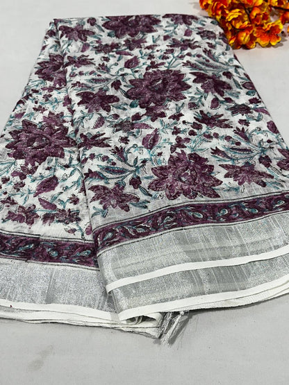 Bagru Hand Block Printed Saree In Linen Cotton With Blouse Piece - BFSGLC78