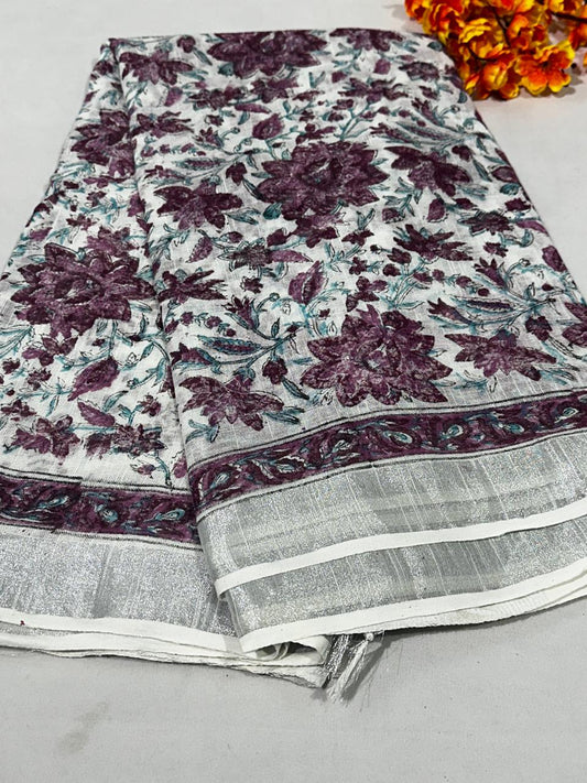 Bagru Hand Block Printed Saree In Linen Cotton With Blouse Piece - BFSGLC78