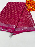 Magenta Pink & Off-White Buti Print Bagru Hand Block Printed Linen Cotton Saree With Blouse Piece