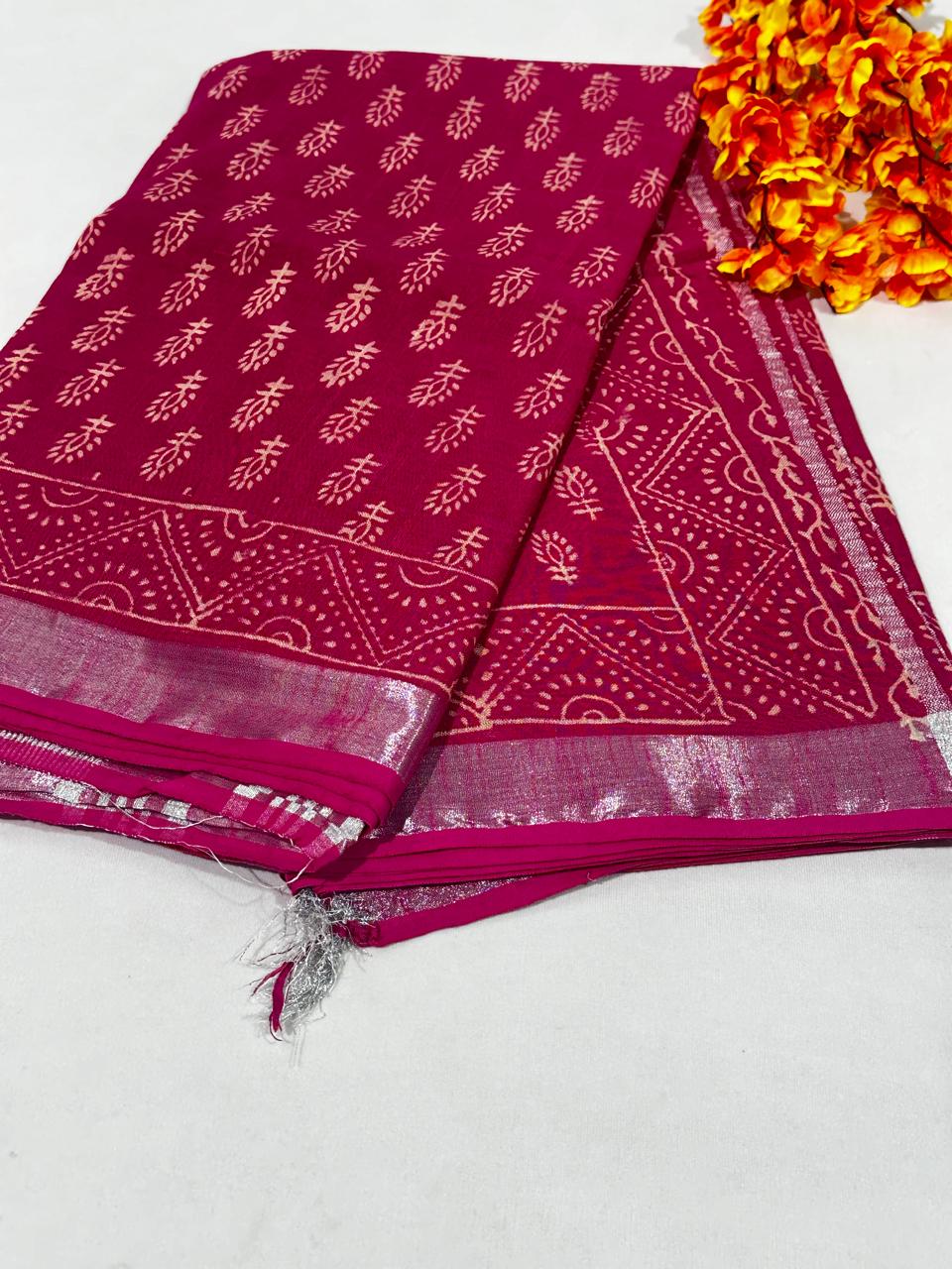 Bagru Hand Block Printed Saree In Linen Cotton With Blouse Piece - BFSGLC79