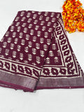Maroon & Off-White Leaf Motif Bagru Hand Block Printed Linen Cotton Saree With Blouse Piece