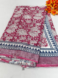 Pink & Blue Floral Jaal Bagru Hand Block Printed Linen Cotton Saree With Blouse Piece