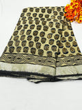 Beige & Black Floral Buti Bagru Hand Block Printed Linen Cotton Saree With Blouse Piece