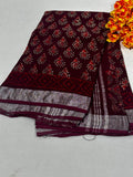 Maroon & Off-White Floral Buti Bagru Hand Block Printed Linen Cotton Saree With Blouse Piece