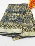 Blue & Beige Elephant Motif Bagru Hand Block Printed Linen Cotton Saree With Blouse Piece