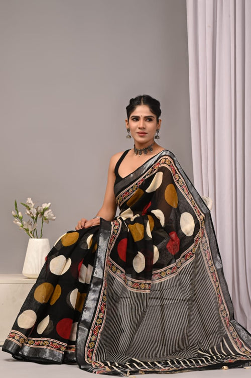 Black & Off-White Polka Dot Bagru Hand Block Linen Cotton Saree With Blouse Piece
