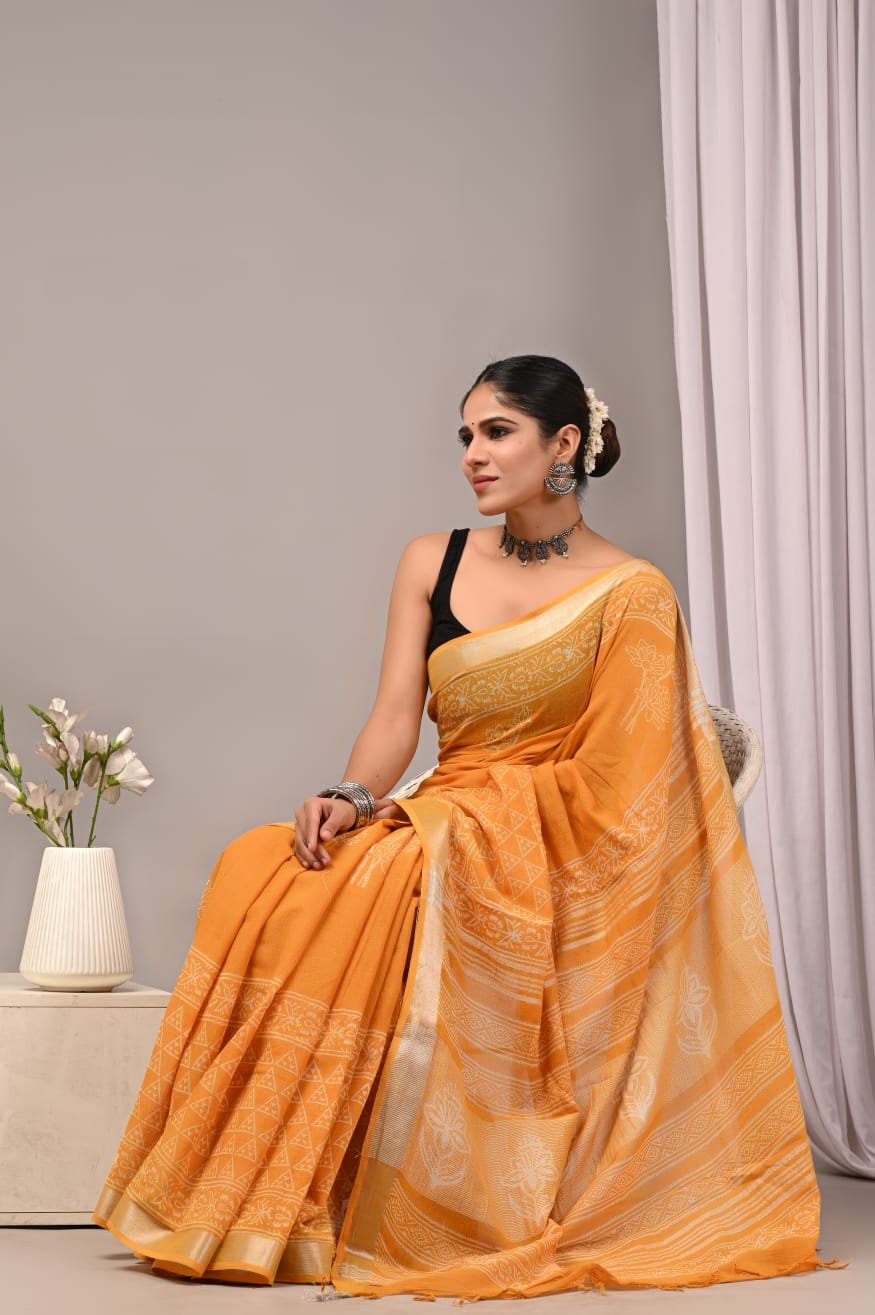 Linen Cotton Bagru Hand Block Saree With Blouse Piece