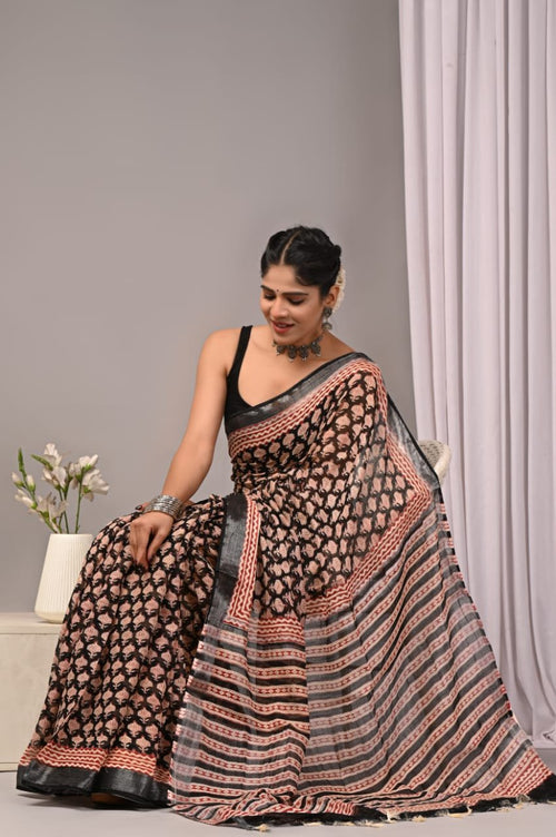 Black & Maroon Buti Print Bagru Hand Block Linen Cotton Saree With Blouse Piece