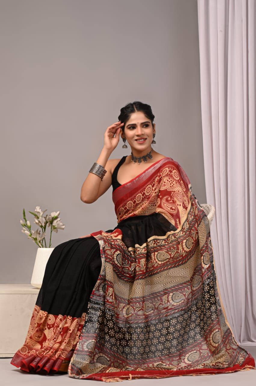 Linen Cotton Bagru Hand Block Saree With Blouse Piece