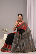 Linen Cotton Bagru Hand Block Saree With Blouse Piece