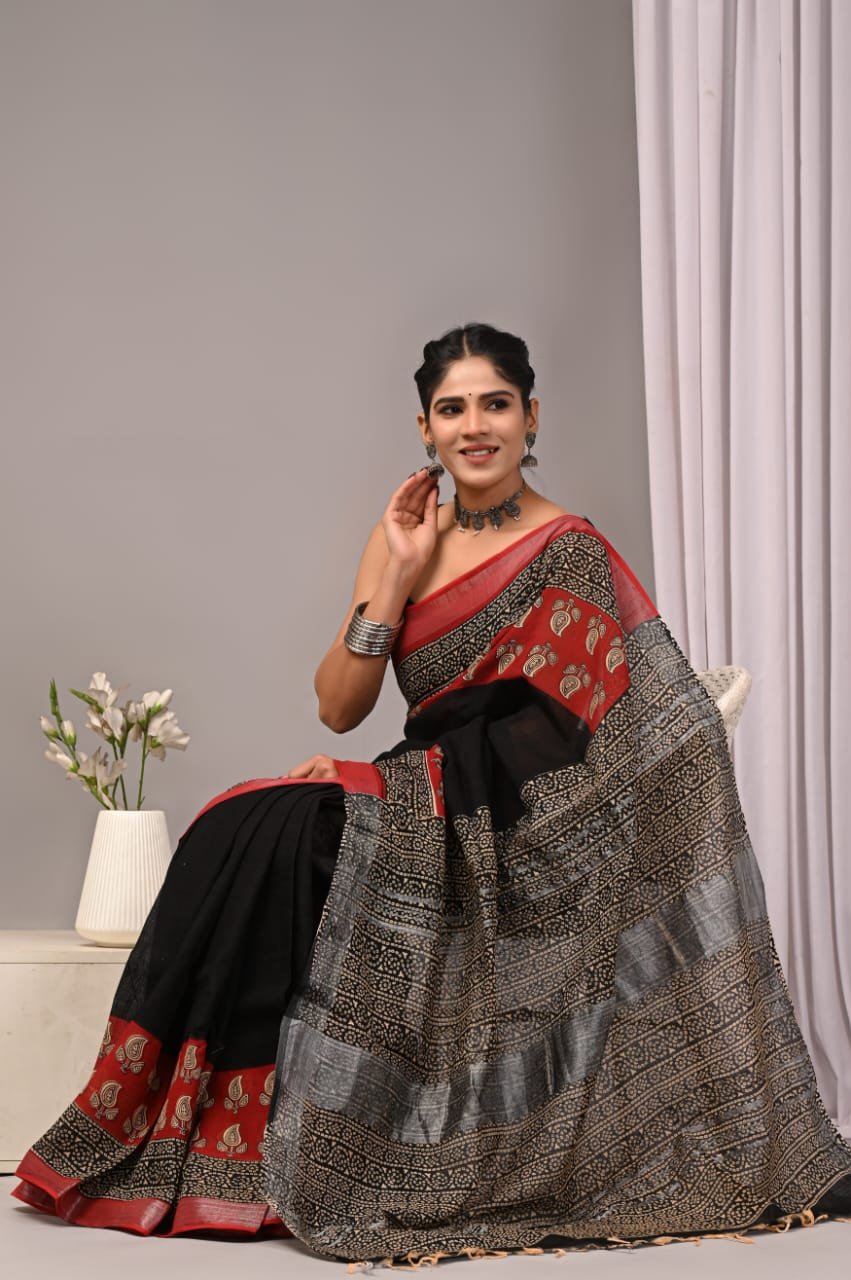 Linen Cotton Bagru Hand Block Saree With Blouse Piece