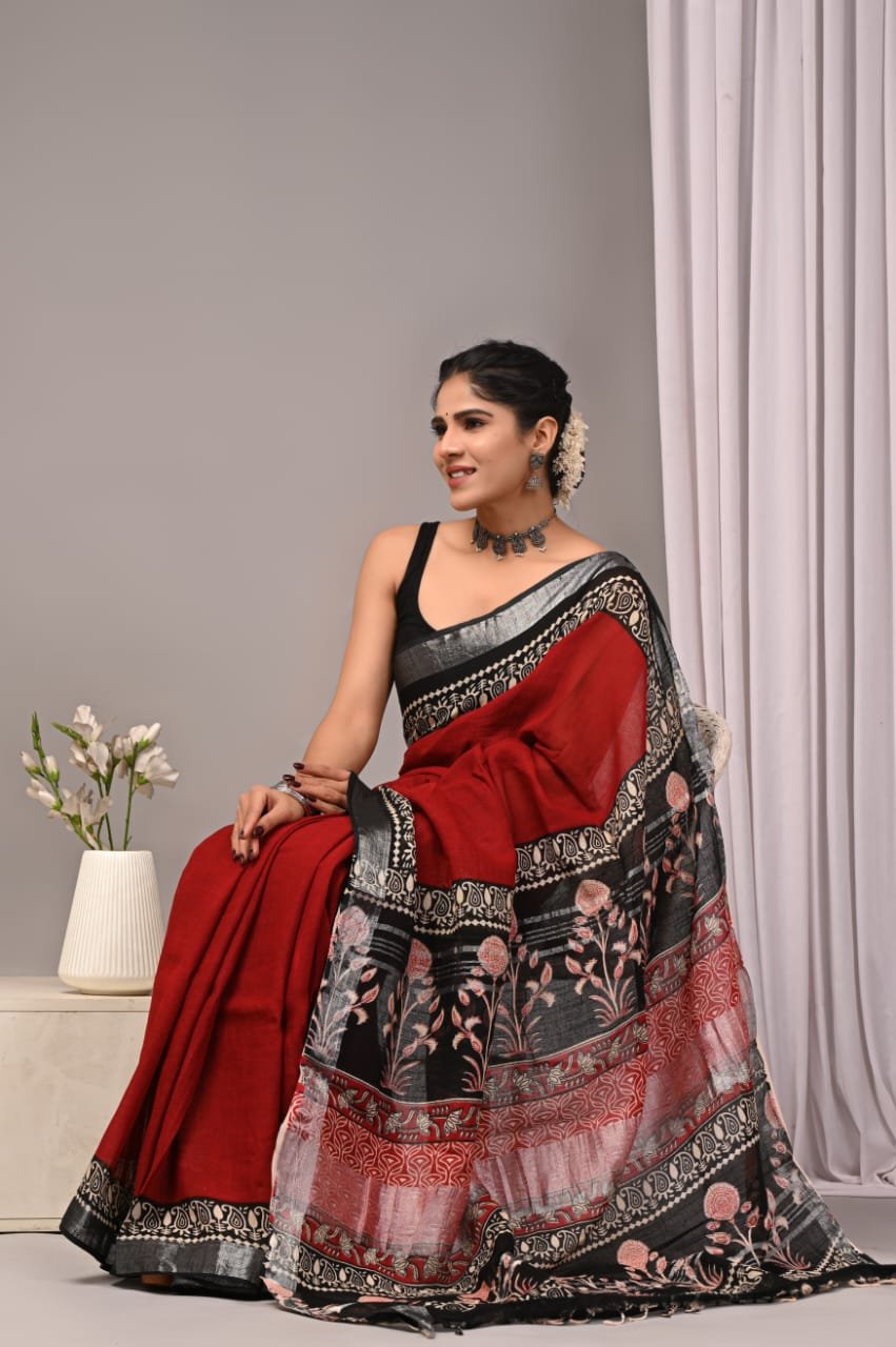 Linen Cotton Bagru Hand Block Saree With Blouse Piece