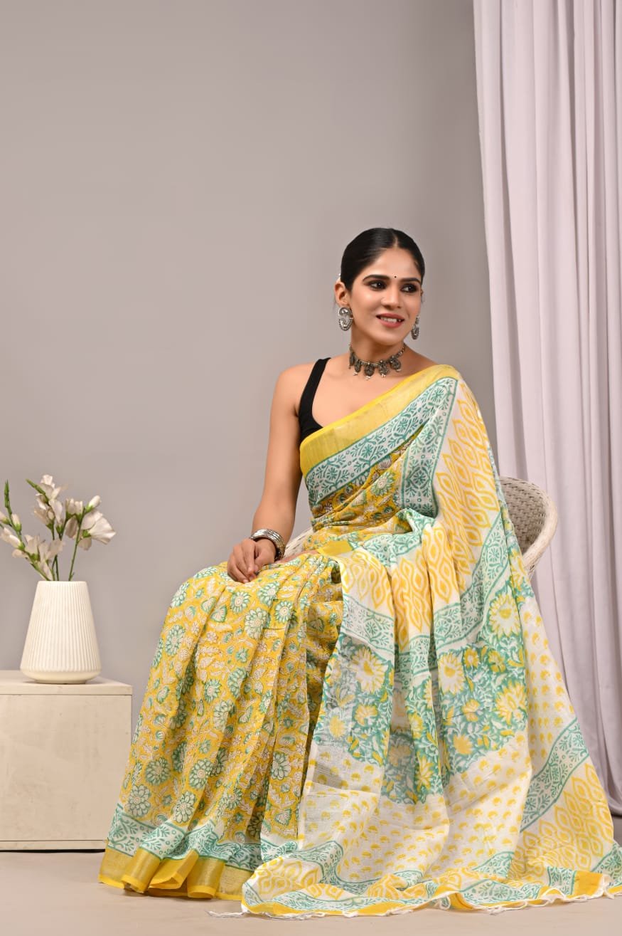 Linen Cotton Bagru Hand Block Saree With Blouse Piece