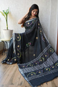 Linen Cotton Bagru Hand Block Saree With Blouse Piece