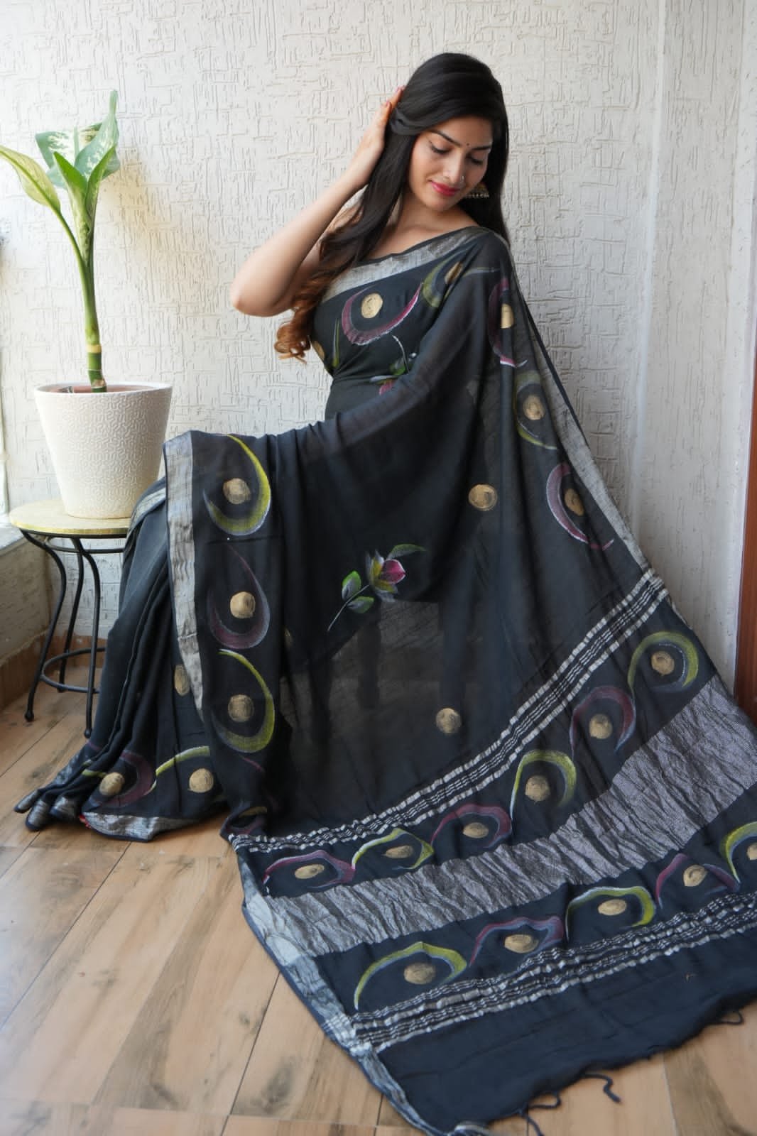 Linen Cotton Bagru Hand Block Saree With Blouse Piece